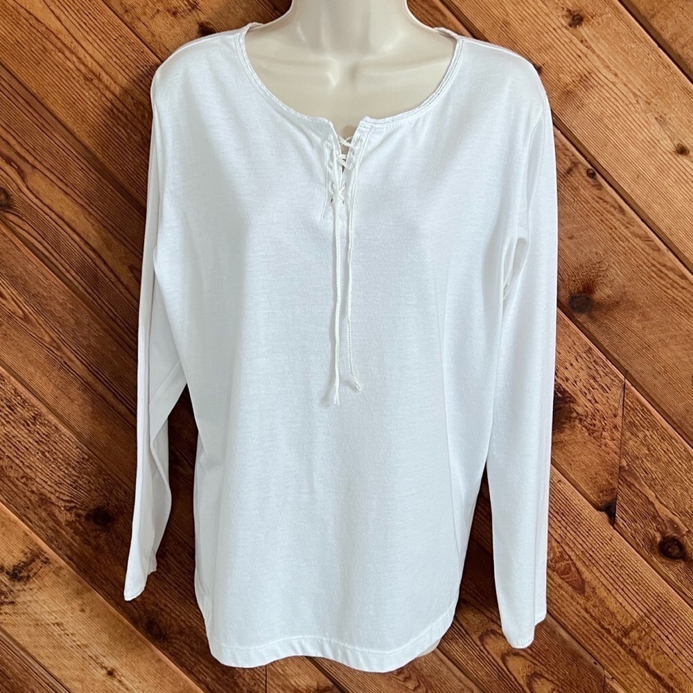 Brooks long sleeve lace up scoop neck pullover blouse top stretchy cotton white